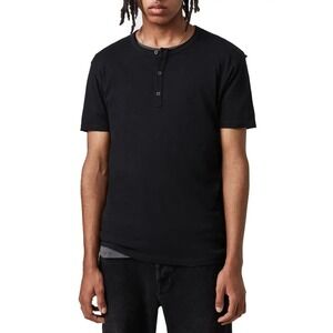 AllSaints Mens Black Short Sleeve Henley Shirt Regular Fit Cotton Large